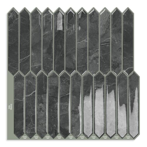 Gray Long Hexagon Tile Peel and Stick Backsplash, 10 Sheets Self-Adhesive Wall Tiles Stick on Back Splash for Kitchen, Bathroom, Fireplace,RV(12"×12")