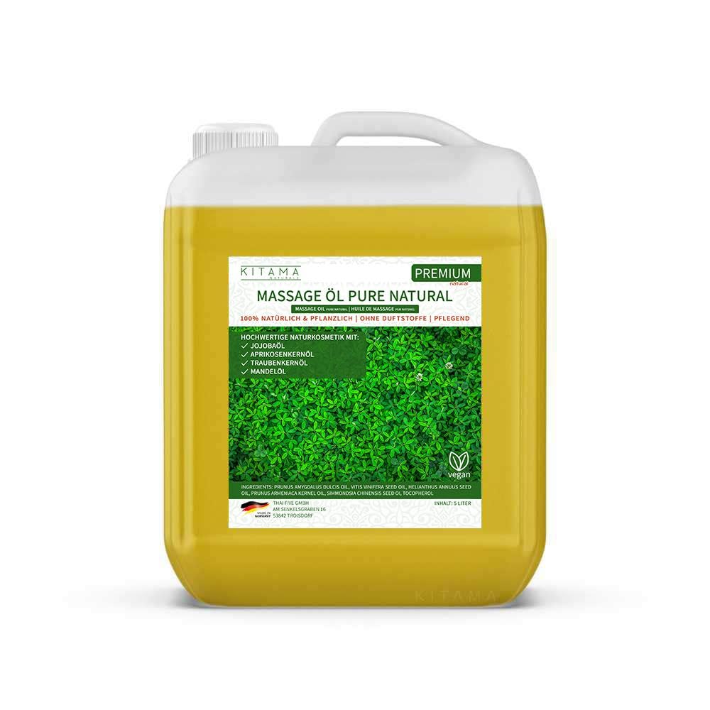 Kitama Massageöl Pure Natural 5L - 100% Natürlich Neutrales Pflegeöl | 100% natürliches, veganes Pflegeöl mit Jojoba- & Mandelöl. Parfümfreies Made in Germany für zuhause & Massagepraxis