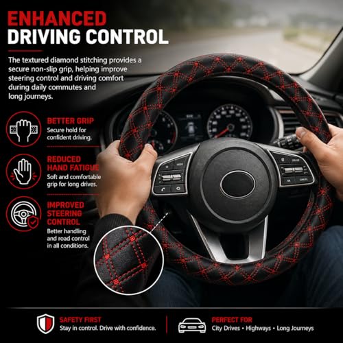 Image of Car Steering Wheel Cover for Car, Premium Leatherette Steering Cover, Anti-Slip Grip, Sweat Resistant, Comfortable Hold, Easy Install, Black-Red for Tata Punch
