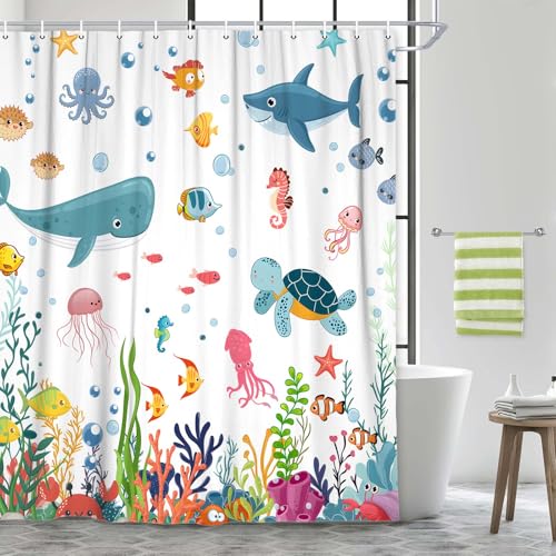 Image of Ocean Underwater World Kids Shower Curtain, Cute Sea Turtles Dolphins Fish Coral Reef Bathroom Decor for Boys Girls, Waterproof Polyester Fabric with 12 Hooks, Blue Marine Theme Bath Curtain