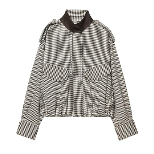 Xunger Women’s Plaid Bomber Jacket High Neck Color Block Coat Casual Long Sleeve Streetwear...