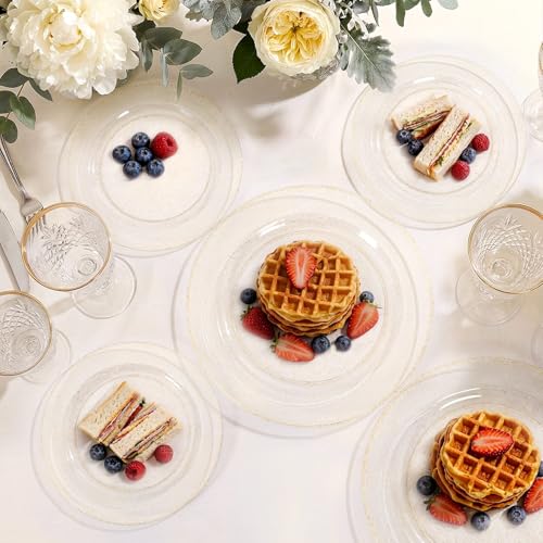 Image of WDF 200PCS Gold Plastic Plates - Gold Glitter Plastic Plates - Heavy Duty Gold Glitter Disposable Plates - Include 100 Dinner Plates 10 inch and 100 Dessert Plate 7 inch for Wedding /Birthday