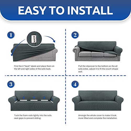KEKUOU Stretch Sofa Cover Slipcover ,Couch Covers for 3 Cushion Couch Sofa (78"-94") Furniture Protector 3 Seater Sofa with Elastic Bottom for Kids,Dog, Jacquard Small Checked(Large,Grey)
