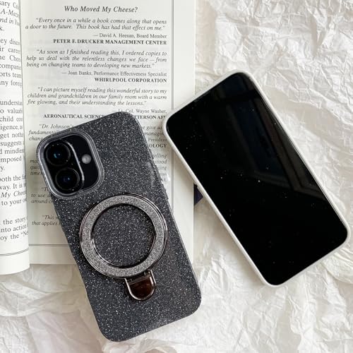 Coque compatible avec iPhone 16 paillettes noir antichoc fine silicone béquille MagSafe - 3