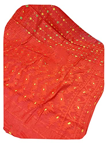 Sari Jamdani de algodón naranja tela de 5.5 metros para vestimenta india de verano