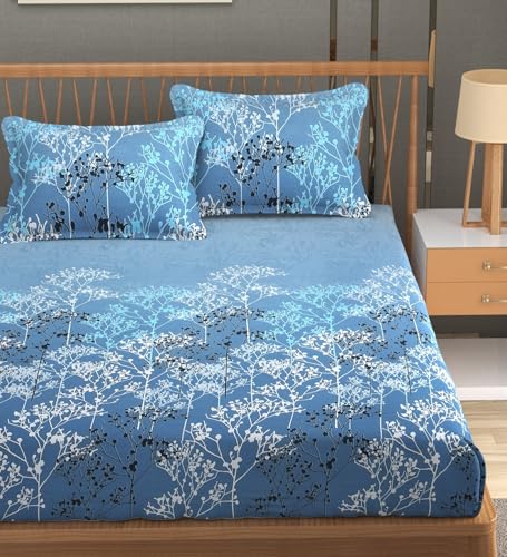 Image of Mafatlal 186 TC Cotton Bedsheet for King Size Bed | 108 x 108 Inches | Cooling Breathable Summer Bedding | Soft Durable Fabric with 2 Pillow Covers| Autumn Delight | Moonlit Blue