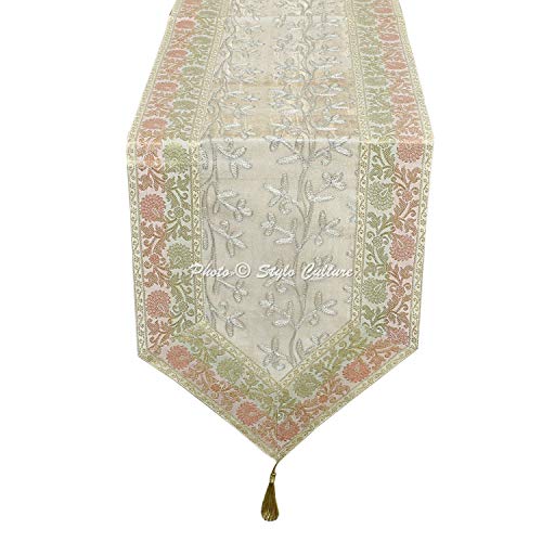 Image of Polyester Blend White & Gold Table Runner Coffee Table Mat 6 Feet Ari Zari Embroidered Rajasthani Brocade Satin Traditional Long Runner Up With Tassels Centre Tablecloth, Small