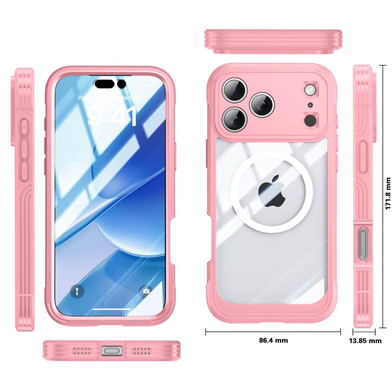 Image of LuxuryKase Shockproof Front & Back Cover for iPhone 17 Pro with Full Body Protection | Strong Grip | Camera & Screen Guard | Wireless Charging Support | Durable TPU+PC Design - Pink