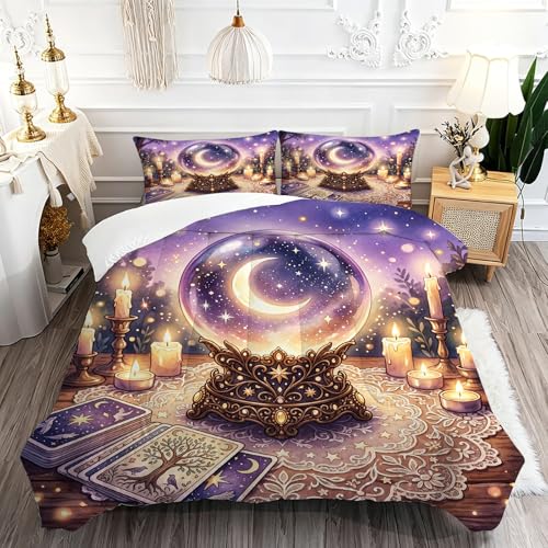 Image of Mystical Crystal Ball Bedding Set King Size, 3 Piece Soft Microfiber Comforter Set with Tarot and Moon Print, Includes 1 Comforter 2 Pillowcases for Witchy Bedroom Decor