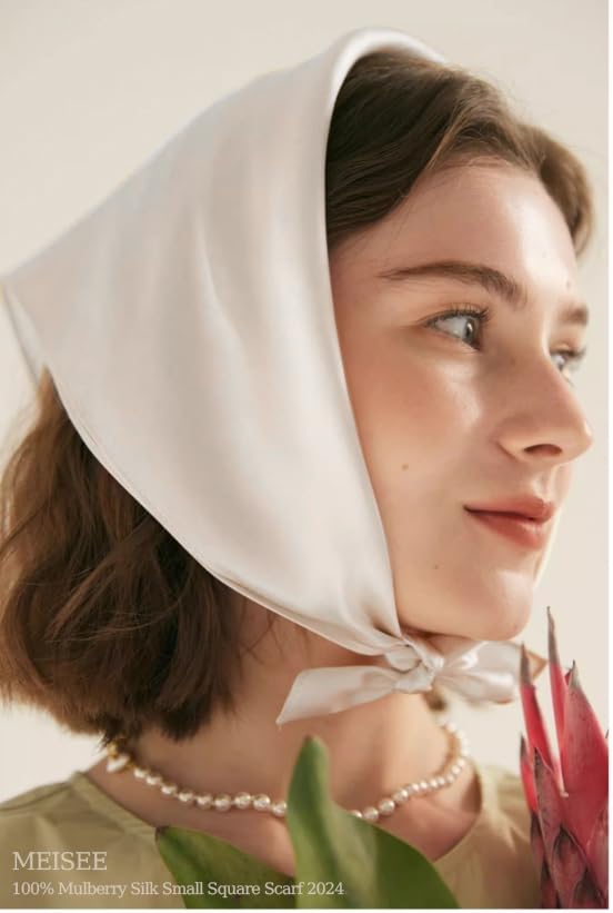 MEISEE Solid Color Mulberry Silk Scarf 20" Square Scarf Neck Scarf Hair Head Breathable Lightweight for Women Gift Packed2