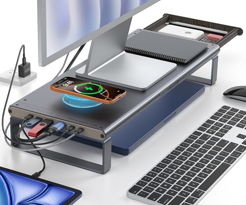 YICOSUN Monitor Stand HUB - Aluminum Riser with 6-in-1 Docking Station: 4K HDMI, USB-C, USB 3.0, PD 100W, Wireless Charging, Drawer Organizer - Gray