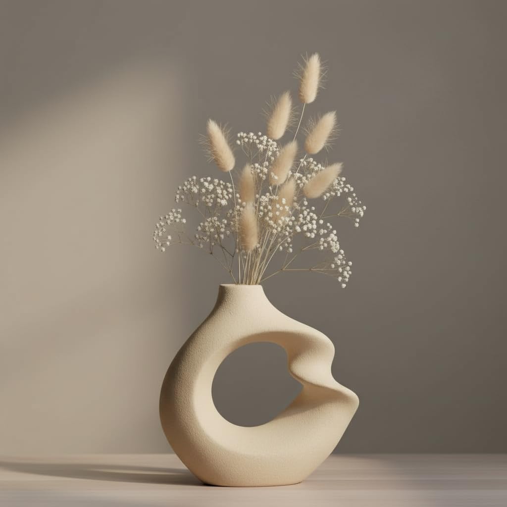 PUREZENTO Unique Twister White Ceramic Donut Vase 5.7 Inches - Pack of 1 | Decorative Donut Vase for Dried Flowers & Pampas Grass | Vases for Modern Home Decor, Living Room, Office Decor Ideas