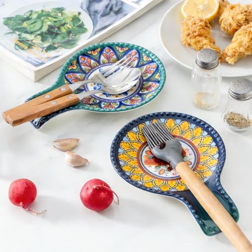Image of Ceramic Spoon Rest for Stove Top, Bohemian Style 7.7 Inch Large Spoon Holder for Kitchen Counter, Heat-Resistant Cooking Utensil Rest for Spatula, Ladle and Tongs, Dishwasher Safe, Set of 2