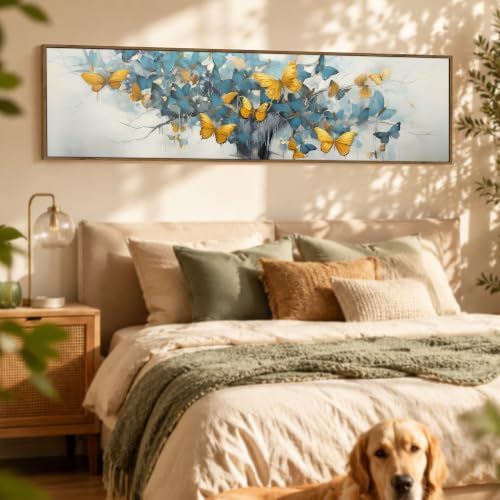 Image of Large Canvas Painting Panel Framed Wall Painting Abstract Tree with Yellow Butterfly Framed Luxury Paintings for Home Decoration, Living room, Bedroom and Office Decor (Sku Blue, 13x47 Inch)