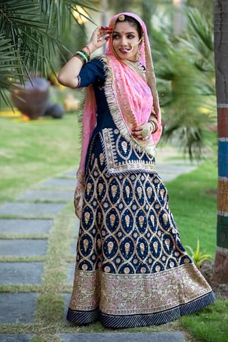 Image of Fancy Heavy Embroidery Work Shimmer Silk Semi-stitched Rajasthani Poshak Rajputi Lehenga Choli For Women