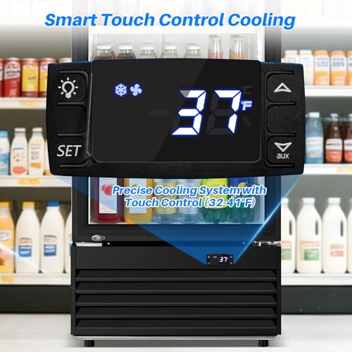 Image of Commercial Beverage Refrigerator, 24.5 inch Glass Door Display Fridge, 15 Cu.Ft Freestanding Beverage Cooler with 4 Adjustable Shelves, Auto Rebound Door, Low Noise, for Shops, Restaurants & Bars, Black