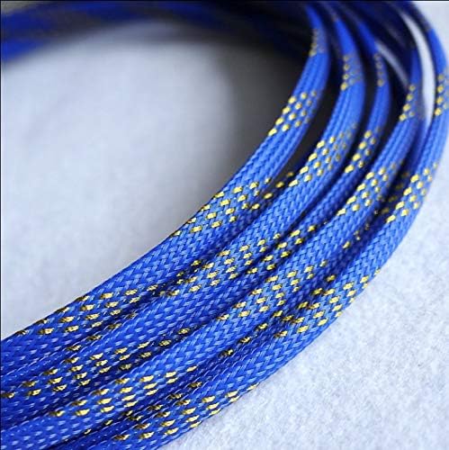 10M Expandable PET Cable Sleeves - Flat Tight Braided Wire Snakeskin Cord Protector for Various Cable Sizes(Blue Golden,4mm)