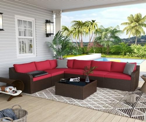 Image of 6 Seater Outdoor Garden Patio Seating Sofa Set with Center Table L Sofa for Balcony Wicker Rattan Garden Set with Grey Cushion and Center Table (Red)
