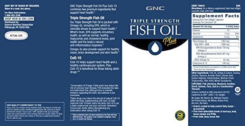 GNC Triple Strength Fish Oil Plus CoQ-10 | 1000 mg of EPA/DHA Omega-3s, 100mg of CoQ-10, Supports Heart, Brain, Skin, Eye and Joint Health | 60 Softgels