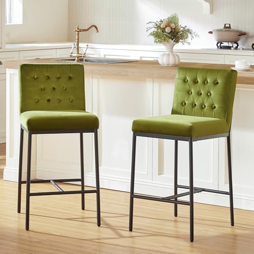 Image of CHITA Modern Bar Stools with Tufted Back Set of 4, 26 inch Counter Height Bar Stool with Metal Legs for Kitchen Island & Dining Room, Olive Green, Black Frame