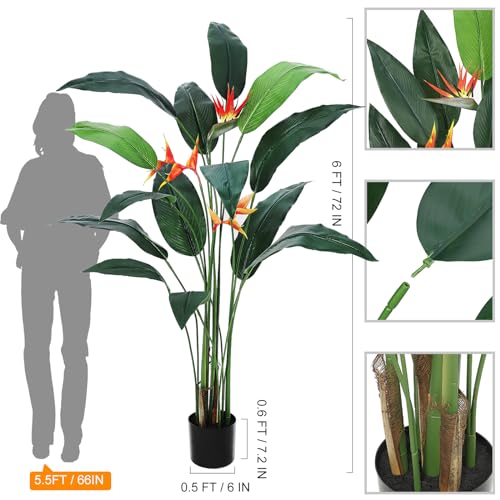 Artificial Bird of Paradise Plant 6FT(72in) Fake Palm Tree for Indoor Outdoor Modern Decor Faux Plants for Home Office Perfect Housewarming Gift with 17 Trunks Faux Leaves and 3 Faux Flowers 2 Pack