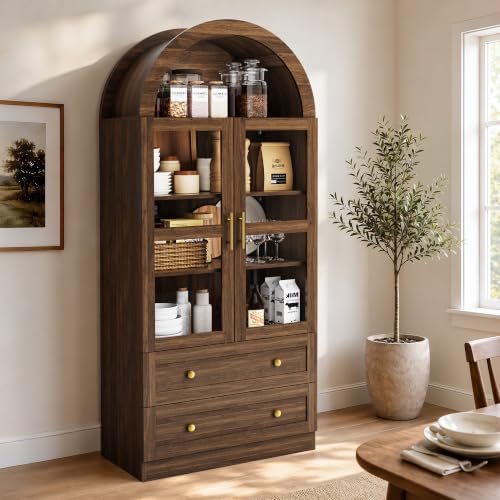 Image of Pamapic Arched Kitchen Pantry Cabinet, 71 inch Tall Arched Cabinet with Glass Doors, Farmhouse Kitchen Storage Cabinet with 2 Large Drawers, Wooden Pantry for Dining Room, Living Room (Brown)