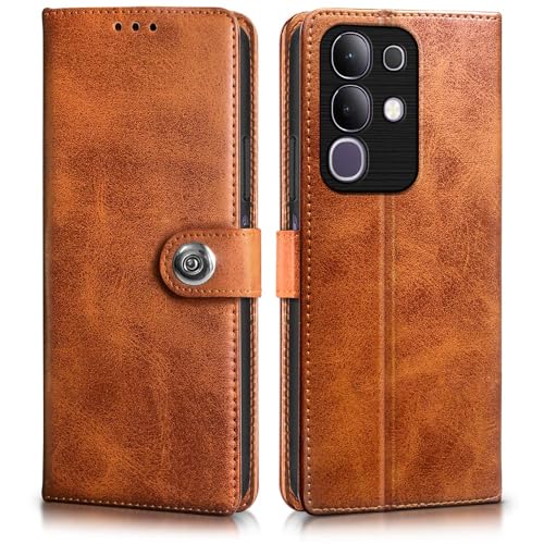 Image of WOW IMAGINE Shock Proof Flip Cover Back Case for Vivo T4x 5G | iQoo Z10x 5G | Vivo Y31 Pro 5G (Magnetic Button Flip Case | Wallet Pockets & Stand | Leather Finish | Alder Brown)