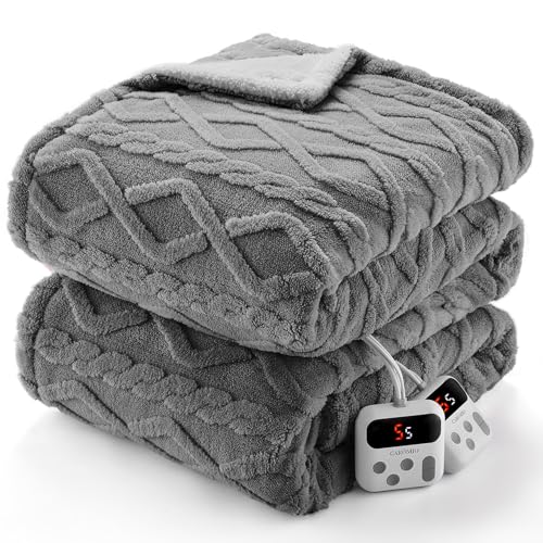 CAROMIO Electric Blanket Queen Size Dual Control - Thick Tufted Sherpa Heated Blanket Queen with 10 Heating Levels and 10 Time Settings, ETL Certified Fast Heating Blanket Queen Size 84"×90", Grey