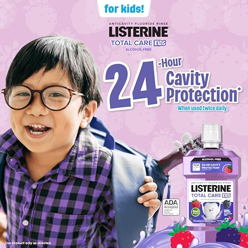 Image of Listerine Total Care Kids Mouthwash, ADA Accepted, Alcohol-Free Anticavity Sodium Fluoride Mouthwash, Oral Rinse for Cavity Protection, Berry Splash Flavor for Kids Oral Care, 16.9 Oz, 6-Pack