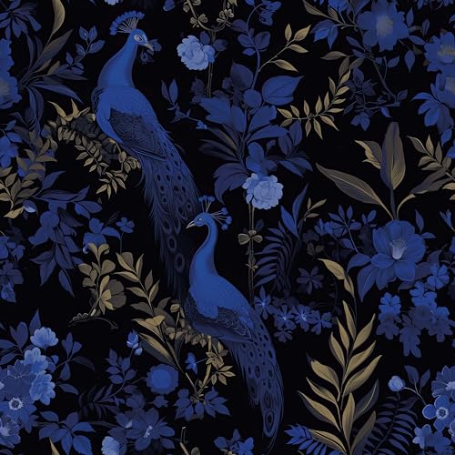 FLFK Black and Dark Blue Peacock Wallpaper,Peel and Stick Wall Mural for Living Room, Bedroom, Kitchen, Office, Apartment Decor 16"x128"