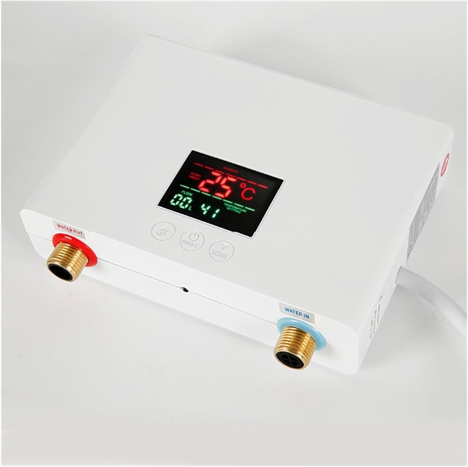Bottom view of BUUBO Instant Electric Water Heater showing water inlet and outlet connections