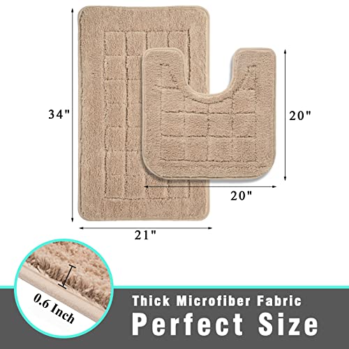 Hebe Bath Rug Set 2 Piece Beige Non Slip Bathroom Contour Rug Combo Microfiber Bath Shower Mat And U-Shaped Toilet Rug Machine Washable(21" X 34"+20"X 20") #TOP2