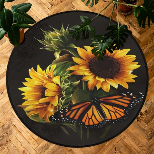 Butterfly Sunflower Round Area Rug, Sunflower Pattern Non-Slip Circle Rug For Bedroom Living Room Outdoor Study Playing Floor Mat Carpet, 5.2' Diameter #TOP6