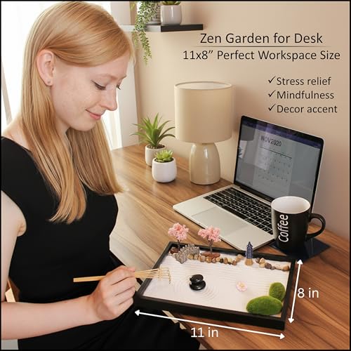 Zen Garden Kit 11x8in. Beautiful Japanese Decor Mini Rock Feature Gift Set for Home, Office Desk. Zen Sand Garden, 6 Tools, 15 Accessories. Sand Tray Therapy Desktop Meditation Room