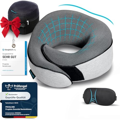 Proglobe Nackenkissen Flugzeug, Reisekissen 100% Memory Foam, Orthopädisches Nackenhörnchen, Ideal für Reisen mit Flugzeug, Auto, Zug Mit...