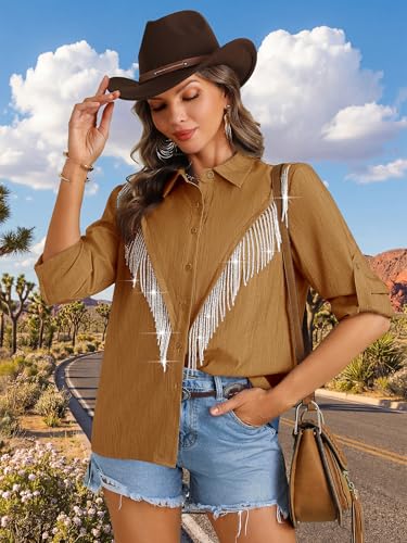 Image of MYMORE Womens Sparkly Fringe Shirt Western Cowgirl Country Concert Outfit
