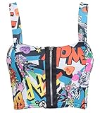 Rimi Hanger Womens Front Zip Padded Boob Tube Bra Top Ladies Fancy Bralet Strap Crop Top Bang Print Medium/Large