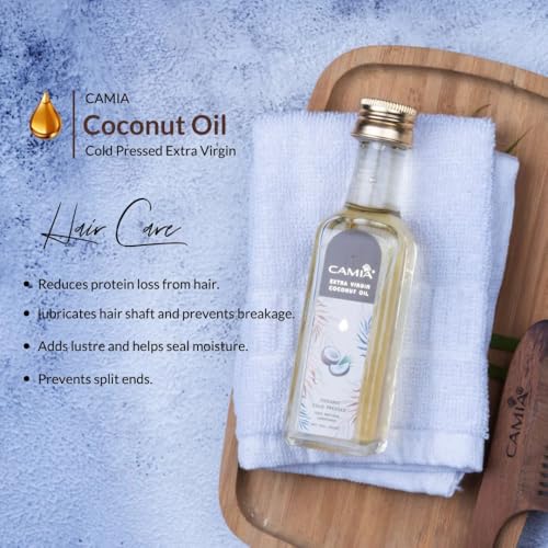 Image of CAMIA - 100% Organic Cold Pressed Coconut Oil for Skin & Hair | 100% Pure & Natural Hair Oil | Skin Hydration & Nourishment | Premium Skin Care | Ideal for Skin & Hair Care | 100 ML Glass Bottle