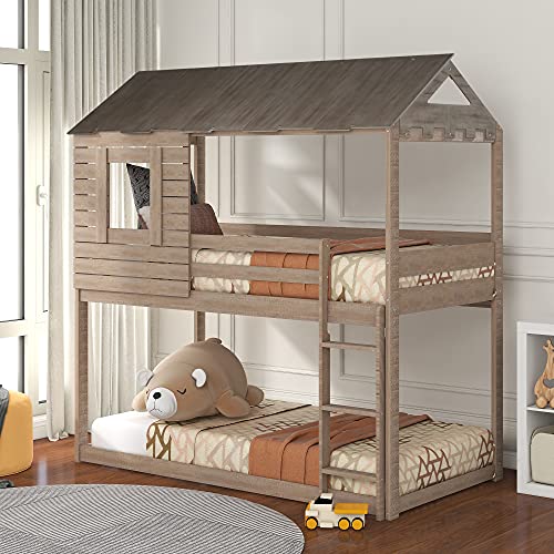 Meritline House Bunk Bed For Kids, Twin Over Twin Wood Bunk Bed With Roof, Window, Guardrail, Ladder, House-Shaped Bed For Girls Boys (Antique Gray) #TOP2