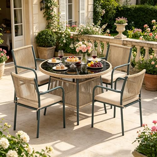 Yihomfy Salon De Jardin Exterieur 4 Places - Table Ronde avec 4 Chaises Et Cadre en Fer, Mobilier De Jardin Moderne pour Terrasse, Balcon Ou Pont,Gris