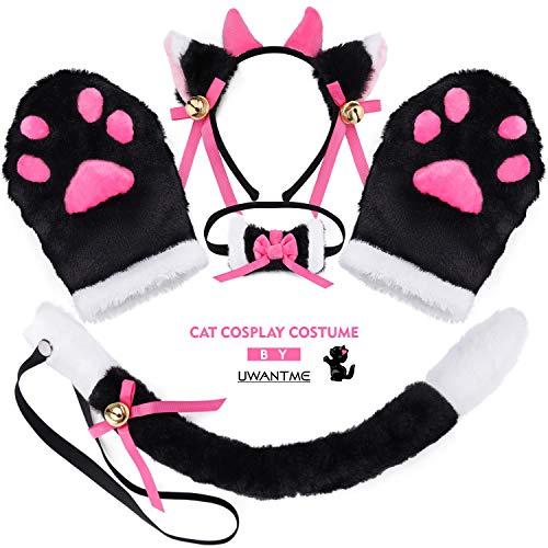 Cat Cosplay Costume Kitten Tail Ears Collar Paws Gloves Anime Gothic Set (Black +White)