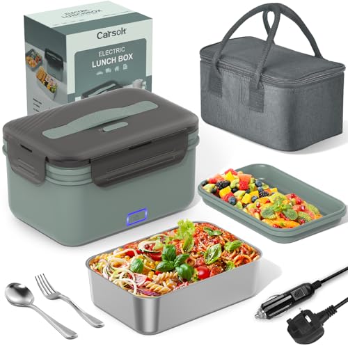 Carsolt Electric Lunch Box for Adults, 100W Heated Lunchbox with Insulated Lunch Bag, Spoon and Fork, Fast Heating, 1.8L Large Food Container, Leakproof, Ideal Gifts for Car Truck Drivers Green