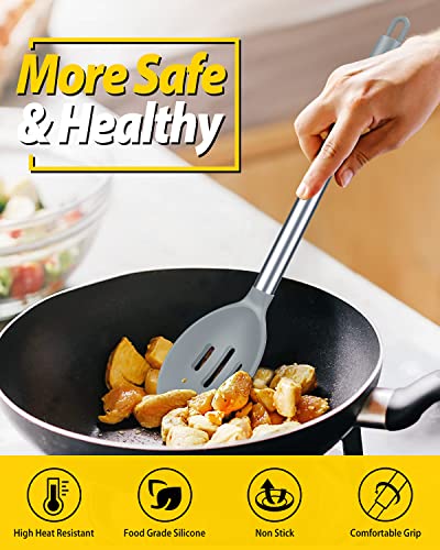 Pack Of 2 Large Silicone Cooking Spoons,Non Stick Solid Basting Spoon,Heat-Resistant Kitchen Utensils For Mixing,Serving,Draining,Stirring (Grey) #TOP4