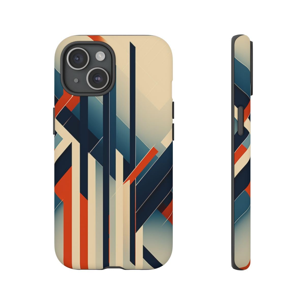 Coque iPhone 15 rigide mate lignes abstraites géométriques orange et bleu - 4