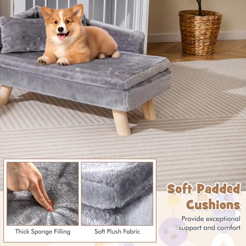 SOARS Hundesofa, Katzensofa mit Rückenlehne, Kissen & Holzbeinen, Hundecouch für kleine Hunde, Hundebett erhöht, Haustiersofa, 81 x 51 x 47 cm, Grau