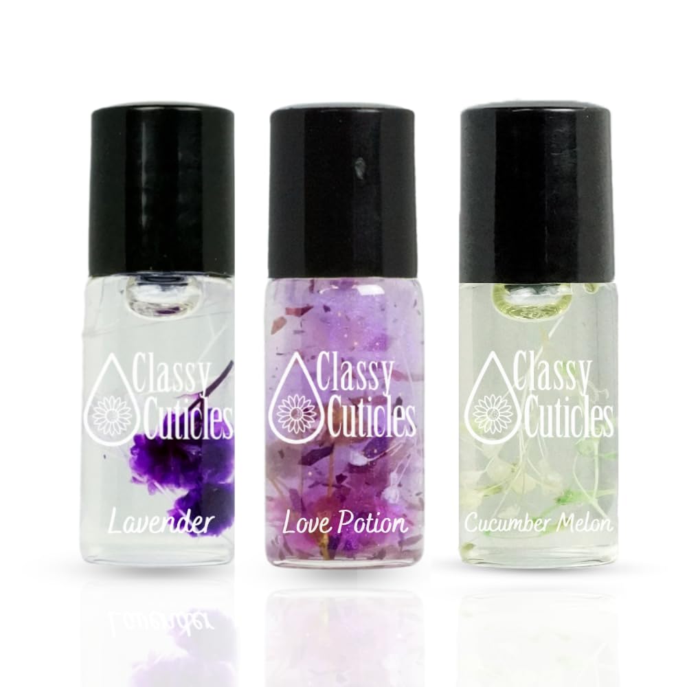 | Hand Blended Cuticle Oil | Vitamin E, Jojoba, and Argan Oil | 5 mL Roller Bottle | Classy Scents Variety | Lavender, Love Potion, Cucumber Melon | Pack of 3