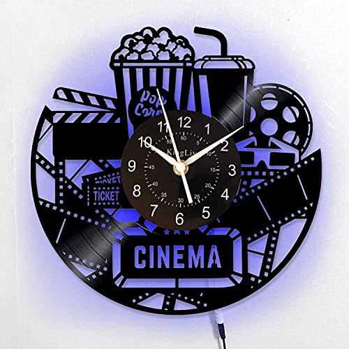 Smotly Horloge murale en vinyle, motif sur le thème du cinéma popcorn avec veilleuse LED, une horloge murale cadeau pour les amis qui aiment les films.