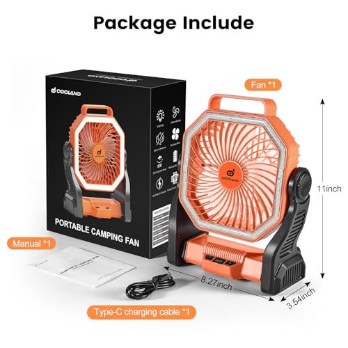 Odoland Portable Camping Fan with LED Light, 20000mAh Rechargeable Battery Operated Camp Fan with Hook, 4 Speeds Outdoor Tent Fan for Power Outage Travel Jobsite,Orange by Odoland - Image 8