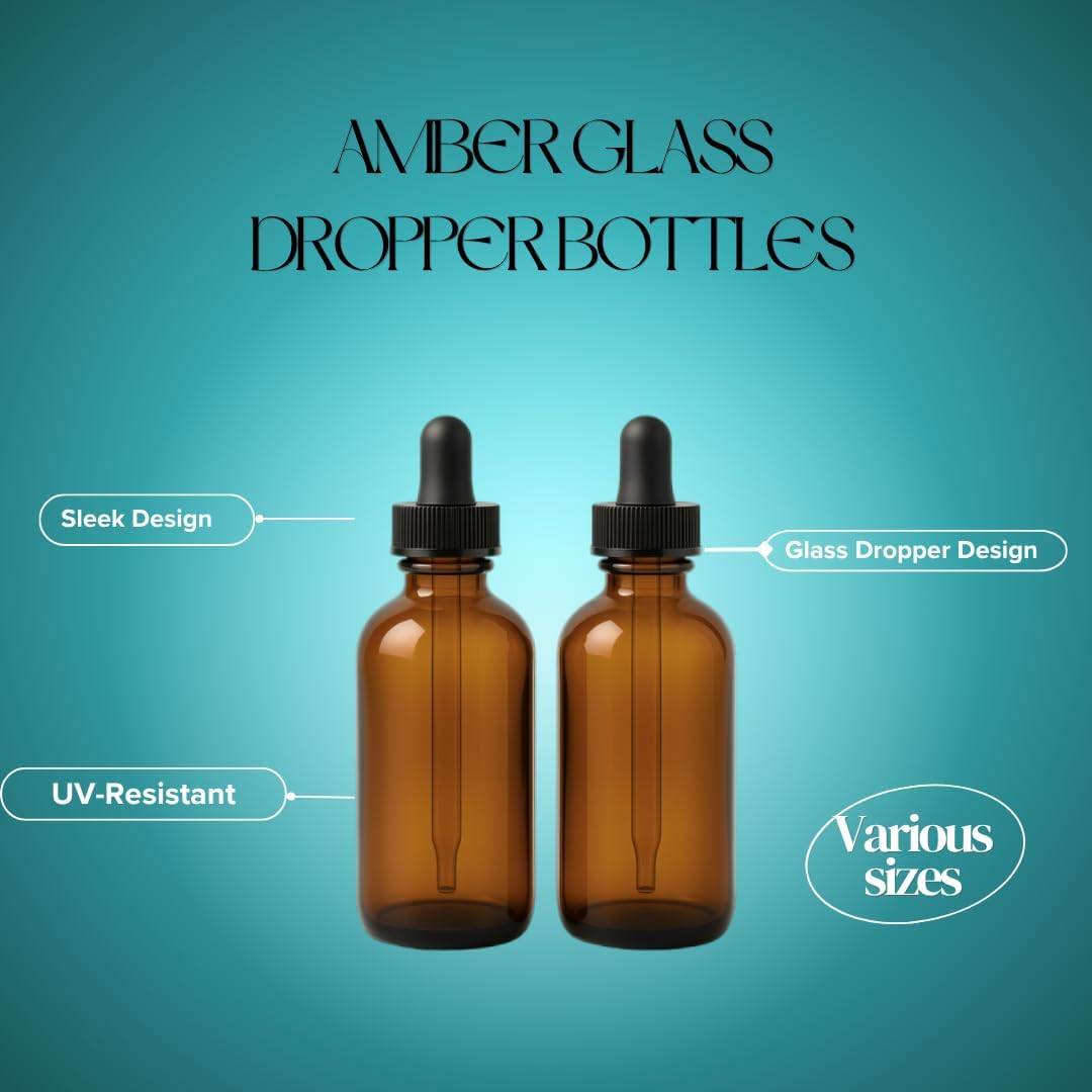 Pack of 12-1 Oz Amber Glass Bottles With Caps And Droppers – Refillable Containers For Essential Oils, Serums, Tinctures, Diy Skincare, And Liquid Storage (Amber Glass Droppers)