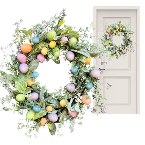 Coronas de Pascua para puerta delantera, corona de puerta de Pascua, corona de primavera, corona de Pascua, corona de vacaciones con huevos coloridos para puerta delantera, decoración de pared